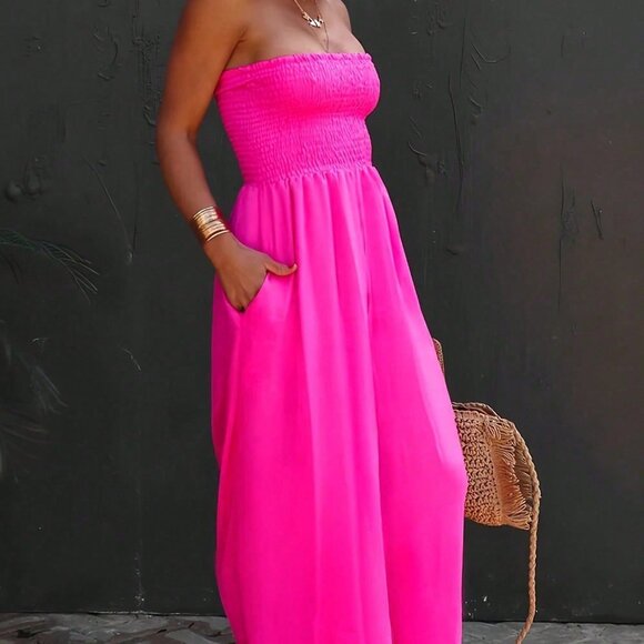 Hot Pink Boho Women's Strapless Smocked Wide Leg Jumpsuit